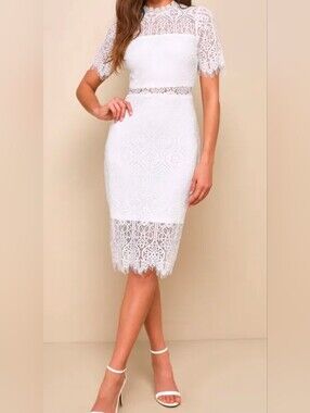 New Lulu's White Lace Sheer Dress with Scalloped Hem Wedding Bridal Sz Large